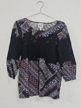 Code Bleu Women's S Blouse Blue Geometric Tribal Print Black Lace Crochet Top